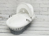 LUXURY MOSES BASKET PADDED GREY WICKER BABY - Full Set