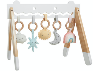 Wooden baby play gym with 5 toys by Naturally4kidsz.co.uk