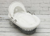 LUXURY MOSES BASKET PADDED GREY WICKER BABY - Full Set